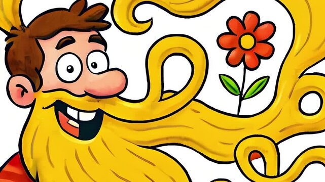 Cartoon man with long yellow beard smiling against flower background-