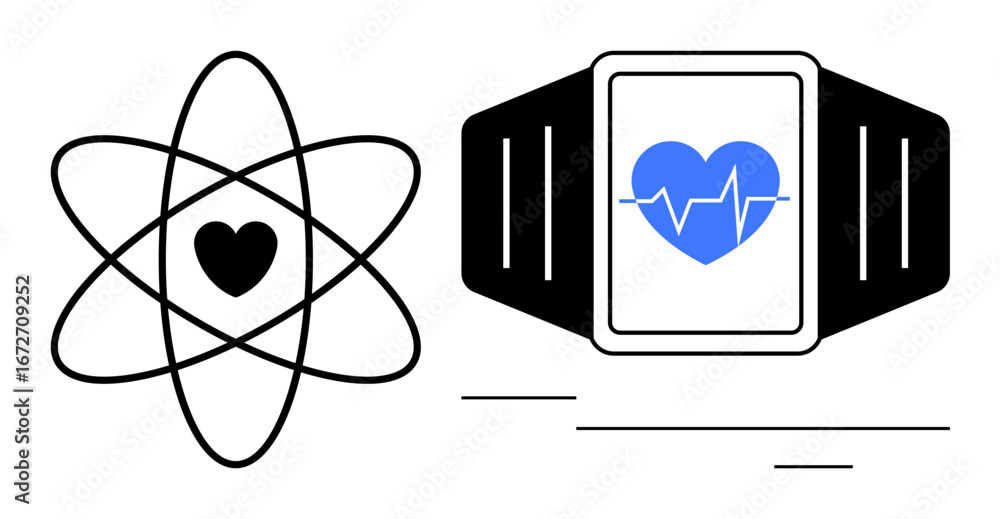 Poster atom structure with heart at the center paired with a fitness smartwatch displaying heart rate. idea