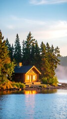Fototapeta premium A serene wooden cabin nestled beside a tranquil lake at sunrise, bathed in golden light.