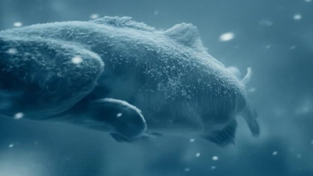 Frozen Cuttlefish's Serenity: A cuttlefish, draped in ethereal ice, glides peacefully in a mesmerizing display of underwater beauty, evoking a sense of icy tranquility and marine wonder.