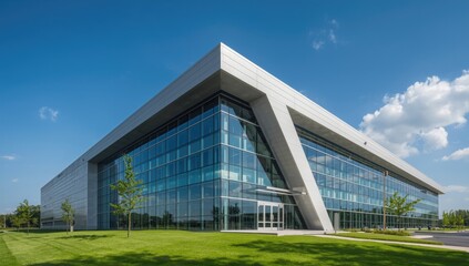 Modern architectural marvel featuring a striking glass facade and angular concrete structure under a bright blue sky with scattered clouds