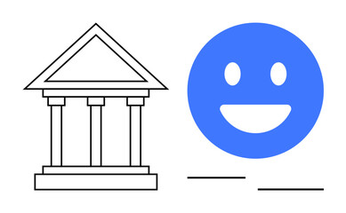 Classical building icon next to a cheerful bright blue happy face. Ideal for governance, public service, accessibility, modern design, user satisfaction, technology, simple landing page