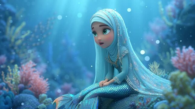 A beautiful mermaid cartoon with long flowing veil under the sea generative ai