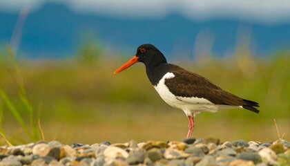 Eurasian Oystercatcher standing in the foreground under a blue sky backdrop