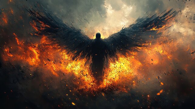 Dark Angel Emerging from Fire and Smoke in a Dramatic Fantasy Scene