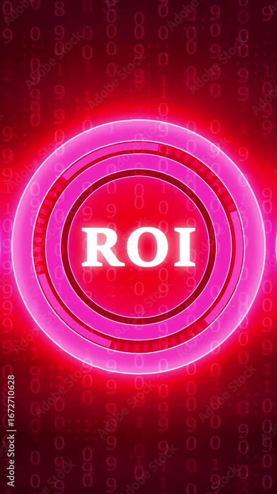 Poster vertical red neon roi concept with icons for idea growth handshake and gear on binary code backgroun