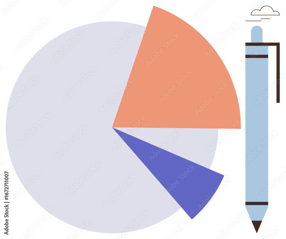 Poster pie chart with three sections in different colors next to a pen, representing analytics, planning, a
