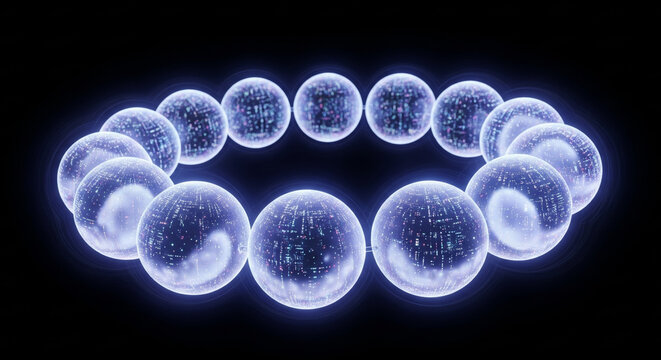 Minimal futuristic floating spheres with glowing neon reflections, holographic effects, and abstract digital designs on clean white background for modern technology concept
