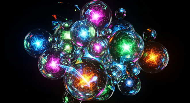 Minimal futuristic floating spheres with glowing neon reflections, holographic effects, and abstract digital designs on clean white background for modern technology concept