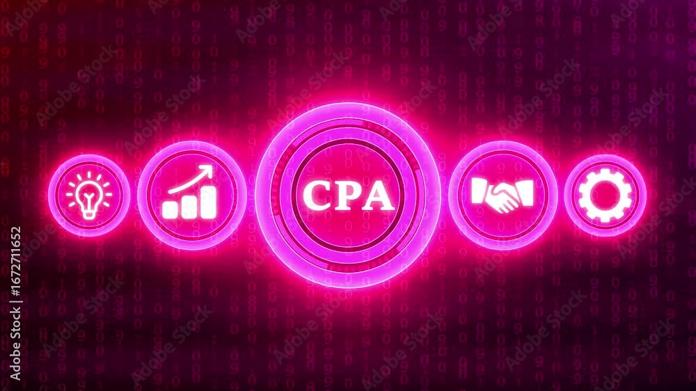 Aufkleber digital cpa marketing concept with glowing icons and binary code background cost per action digital 