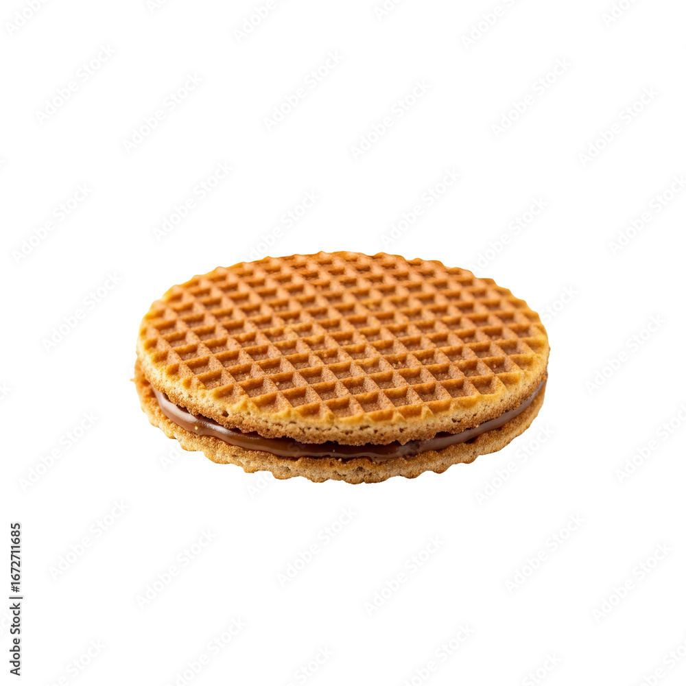 Poster round stroopwafel cookie sits flat featuring caramel filling between two waffle layers against a iso