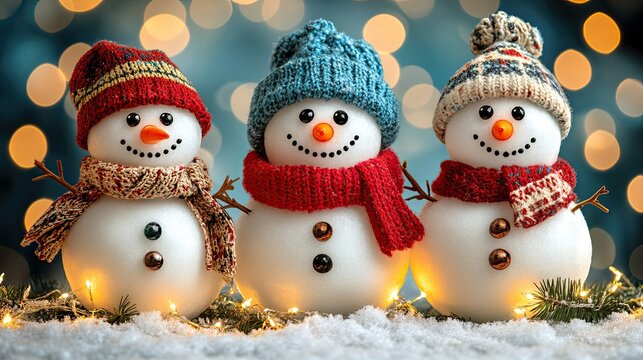Festive trio of snowmen adorned with colorful scarves and hats against bokeh lights