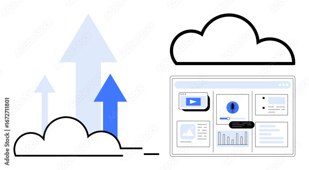 Poster growth arrows emerging from cloud alongside dashboard displaying charts, graphs, and widgets. ideal 