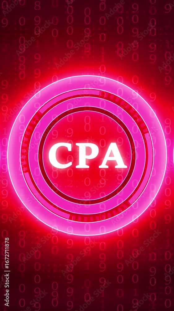 Aufkleber vertical cpa marketing concept with glowing neon circle and binary code background cost per action