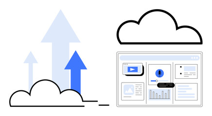 Growth arrows emerging from cloud alongside dashboard displaying charts, graphs, and widgets. Ideal for cloud computing, data analytics, business growth, software, innovation, technology strategy