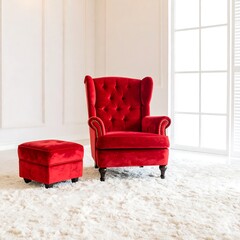Luxurious red velvet wingback chair and ottoman in a bright, elegant room.