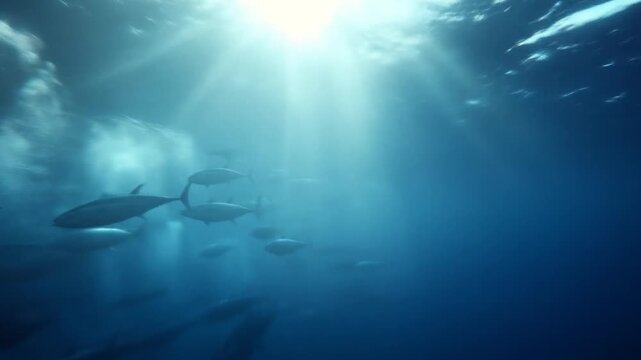 Sunlit Marine Realm: Underwater world scene, luminous sunbeams dance through the crystal-clear water, casting a vibrant glow on the sleek, silver forms of the swimming tuna.