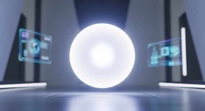 Minimal futuristic floating spheres with glowing neon reflections, holographic effects, and abstract digital designs on clean white background for modern technology concept