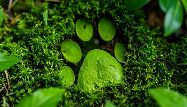 A vibrant green paw print is nestled amongst lush moss and leaves, showcasing the beauty of nature's details.