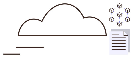 Cloud outline with floating document and blockchain network cubes. Ideal for data storage, blockchain technology, document management, cloud computing, digital security, IoT, simple flat metaphor
