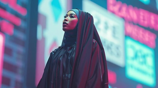 a futuristic fashion of a modest Muslim woman generative ai