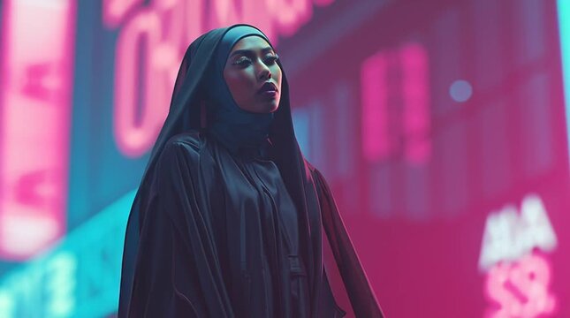 a futuristic fashion of a modest Muslim woman generative ai