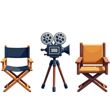 Vintage film production essentials with classic camera and director's chairs, symbolizing the art and craft of cinematic storytelling and filmmaking on set, ready for action