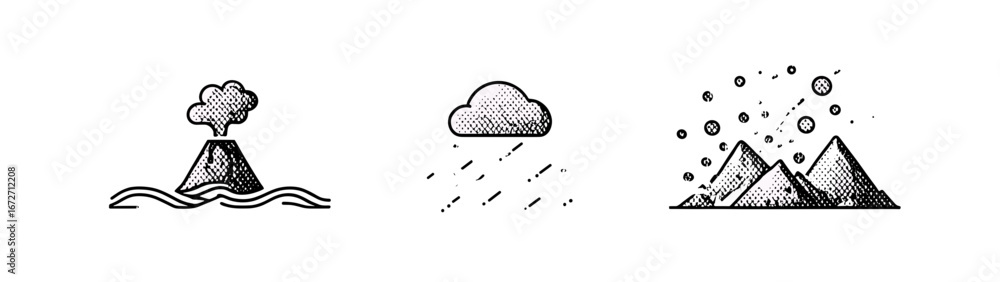 Poster three weather icons depicting volcano eruption rain and snow over mountains in a row format image