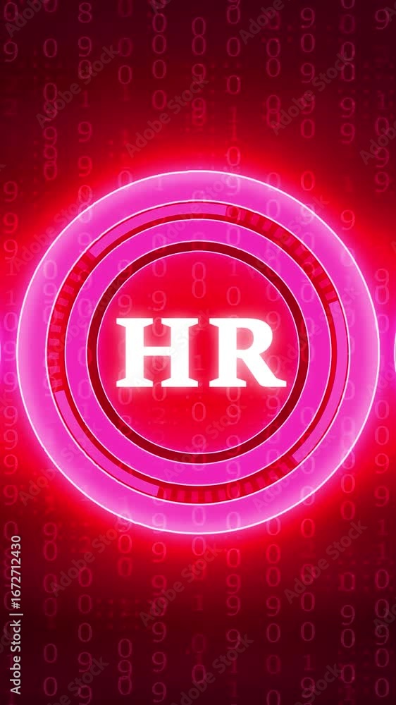 Poster vertical hr concept with glowing neon circle and binary code background human resources management