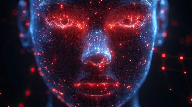 Futuristic representation of human face with glowing red and blue lights artistic