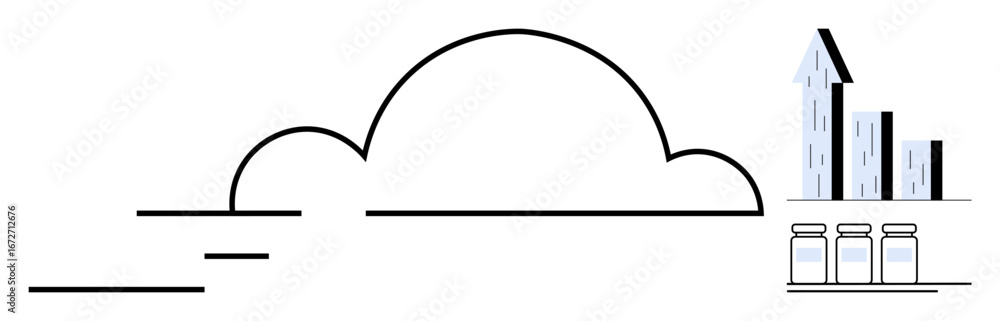 Poster cloud outlines with upward graph and buildings representing growth. three secure data containers bel
