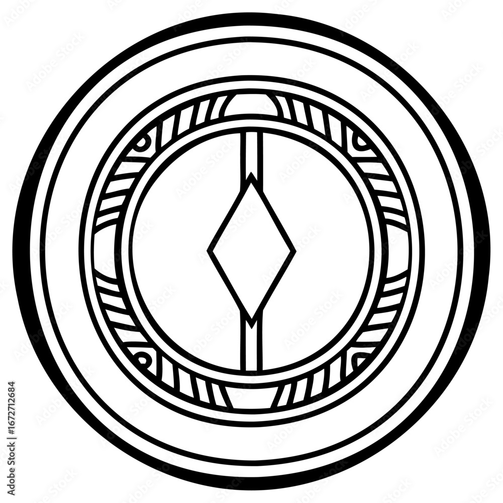 Aufkleber stylized circular emblem with a central diamond shape and intricate geometric patterns, presented in