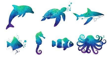 A beautiful collection of seven sea creatures, including a dolphin, turtle, and shark, painted in an artistic blue and green watercolor style.