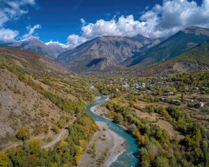 Colorful Autumn River Valley Aerial View