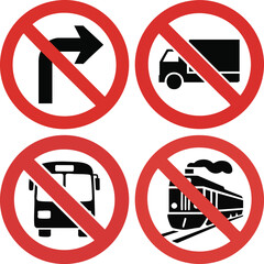 Prohibition Signs Showing No Right Turn No Truck No Bus And No Train Silhouette Black Transportation Icons Inside Red Circle