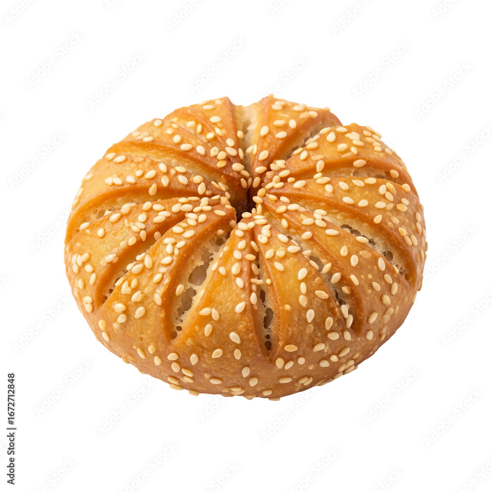 Poster sesame-covered bread roll exhibits deep surface cuts and evenly distributed sesame seeds, creating a