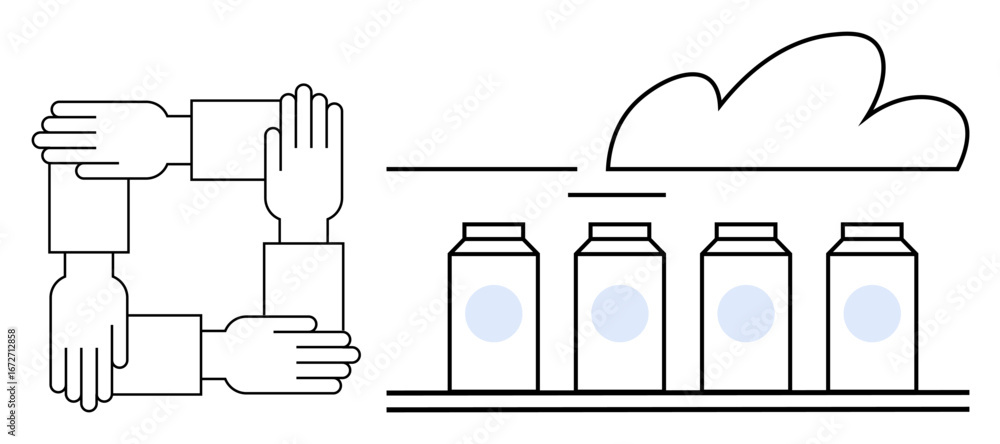 Poster hands forming a square for unity next to lined-up containers under a cloud, symbolizing teamwork, su