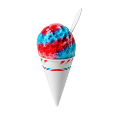 Shaved ice sits in a cone-shaped cup with red and blue flavoring and a plastic spoon!