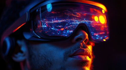 Immersive virtual reality experience with futuristic headset reflecting city lights