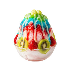 Shaved ice dessert is topped with colorful syrups and fresh fruit inside a glass bowl.