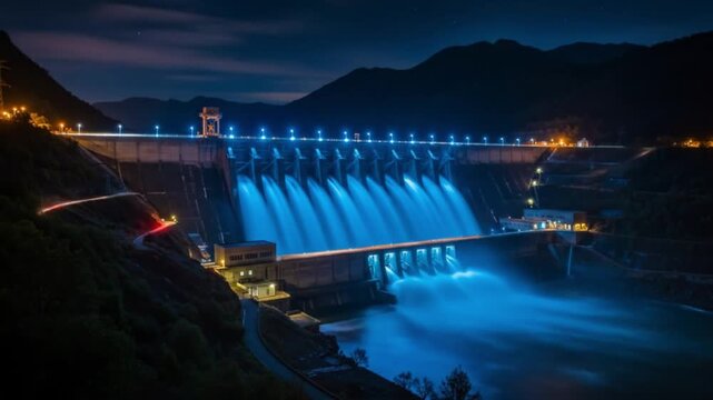 Hydroelectric dam releasing powerful water at night with stunning illumination and mountain backdrop