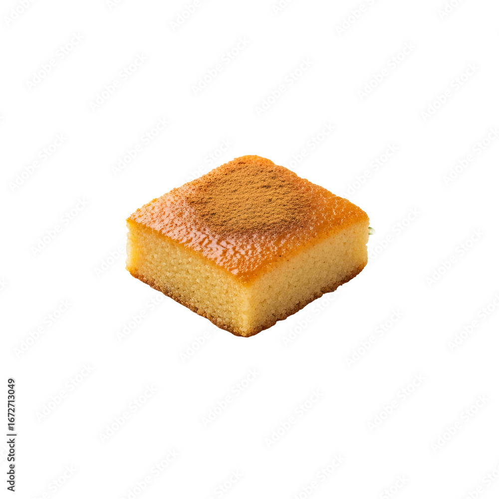 Poster single cake slice sits on background, sprinkled with topping and golden crust, showing texture.