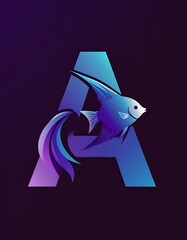 A stylized letter A, featuring a vibrant blue fish, evokes a sense of aquatic life and modern design.