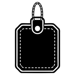 Black square tag with stitched border and loop for hanging