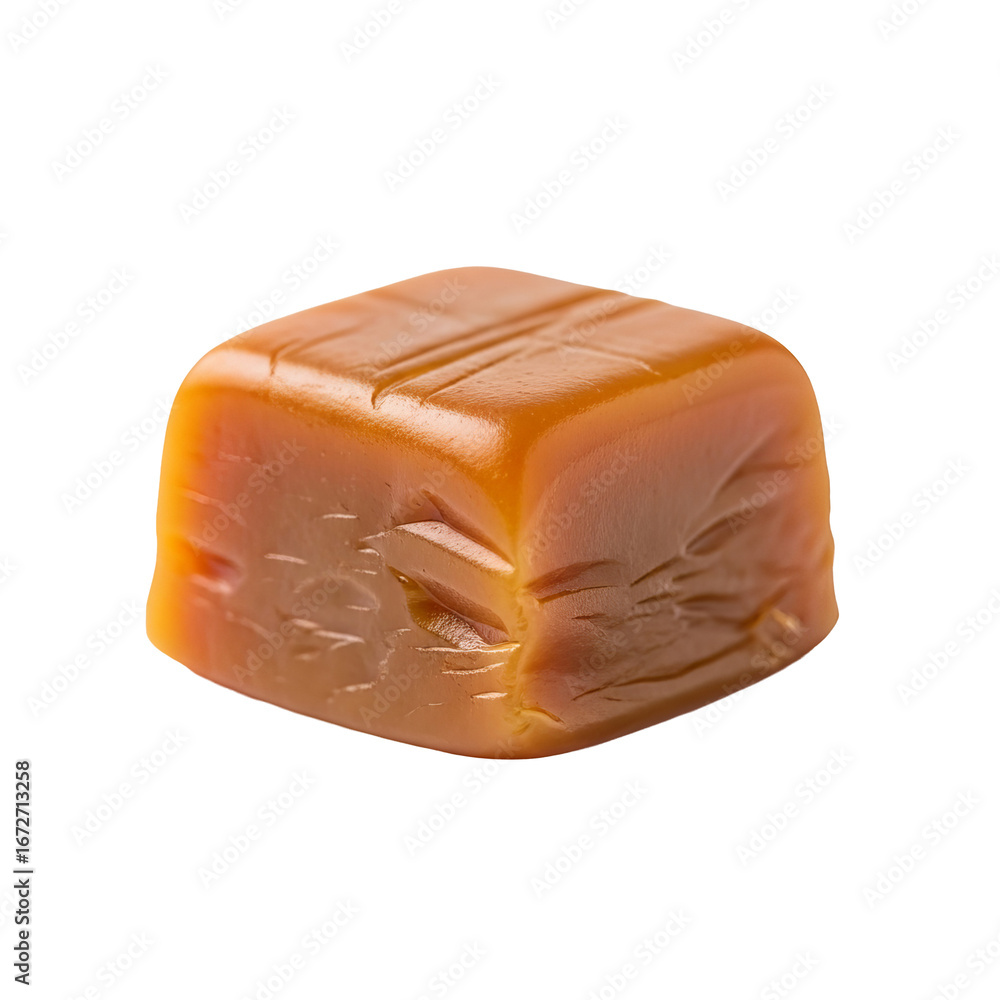 Poster single caramel candy sits against a isolated background with visible indentations on its surface.