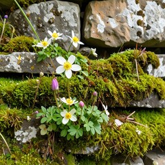 Delicate white flowers and vibrant moss cling to weathered stone, creating a tranquil scene.