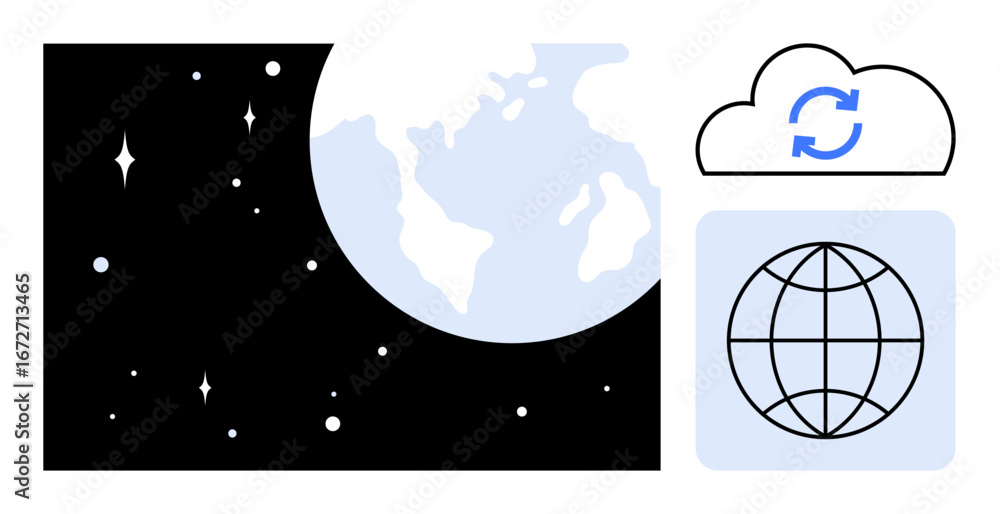 Poster earth view in space with stars, cloud featuring data sync icon, and a globe grid. ideal for global c