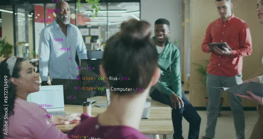 Aufkleber presenter gesturing toward team in office showing security risks with animated code around tablet
