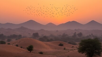 Naklejka premium Majestic Desert Landscape at Sunset with Birds Flying over Sand Dunes and Mountains