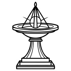 A stylized black and white line drawing of a sundial on a pedestal, featuring geometric shapes and radiating lines